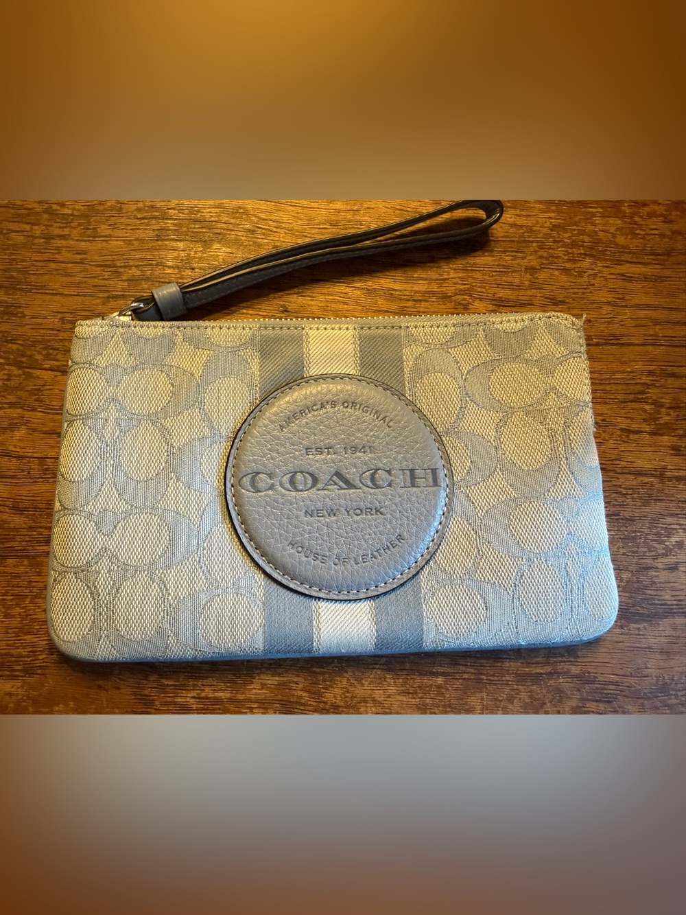 Coach Signature stripe Wristlet Clutch in light blue and white